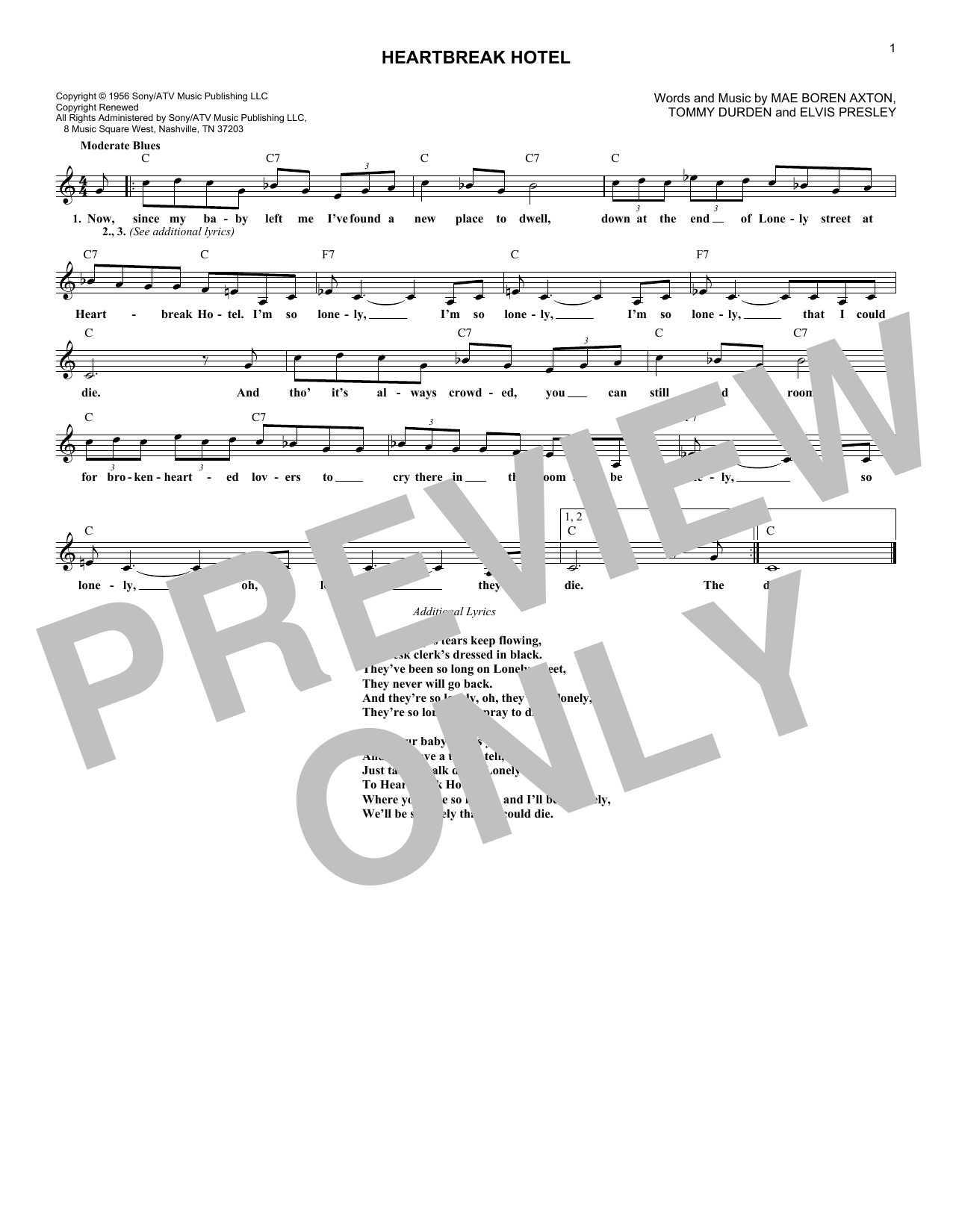 Heartbreak Hotel (Lead Sheet / Fake Book) von Elvis Presley