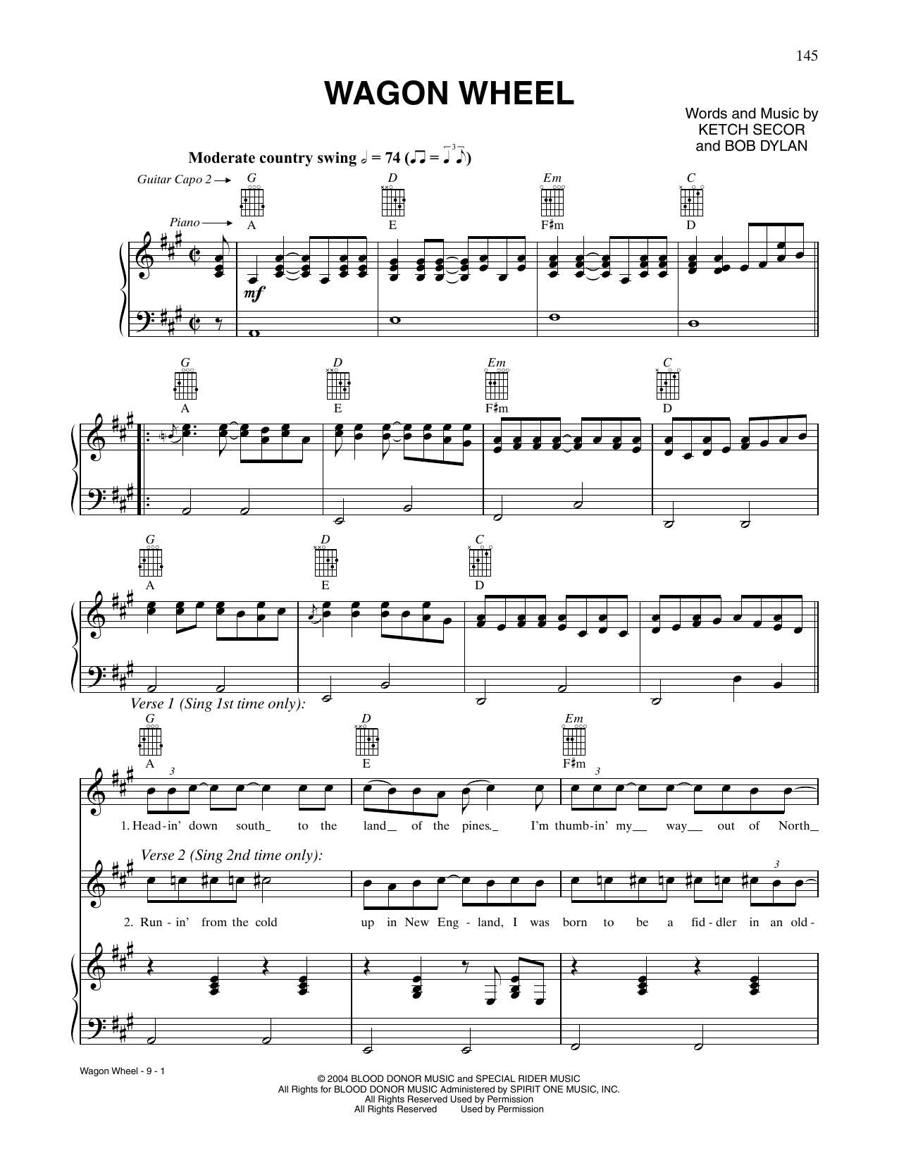 Wagon Wheel (Piano, Vocal & Guitar Chords (Right-Hand Melody)) von Bob Dylan