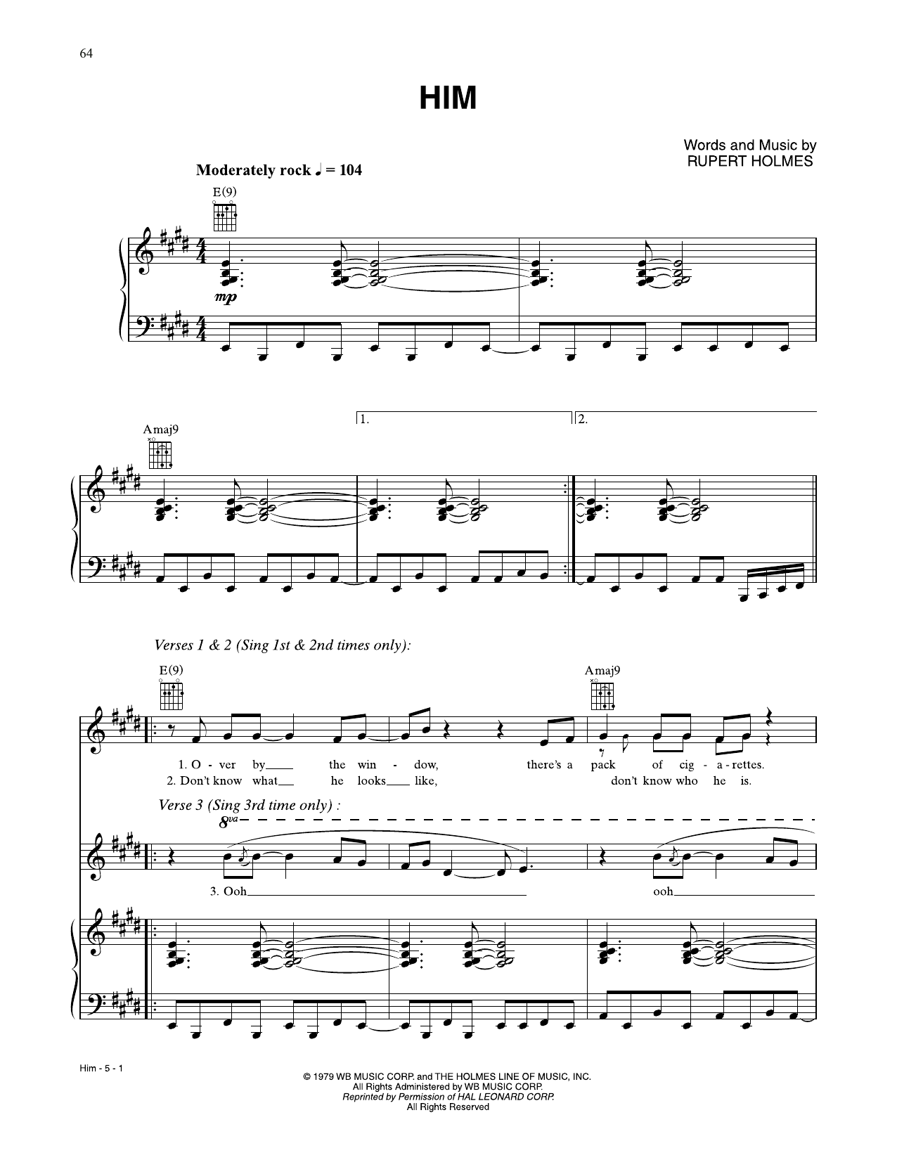 Him (Piano, Vocal & Guitar Chords (Right-Hand Melody)) von Rupert Holmes