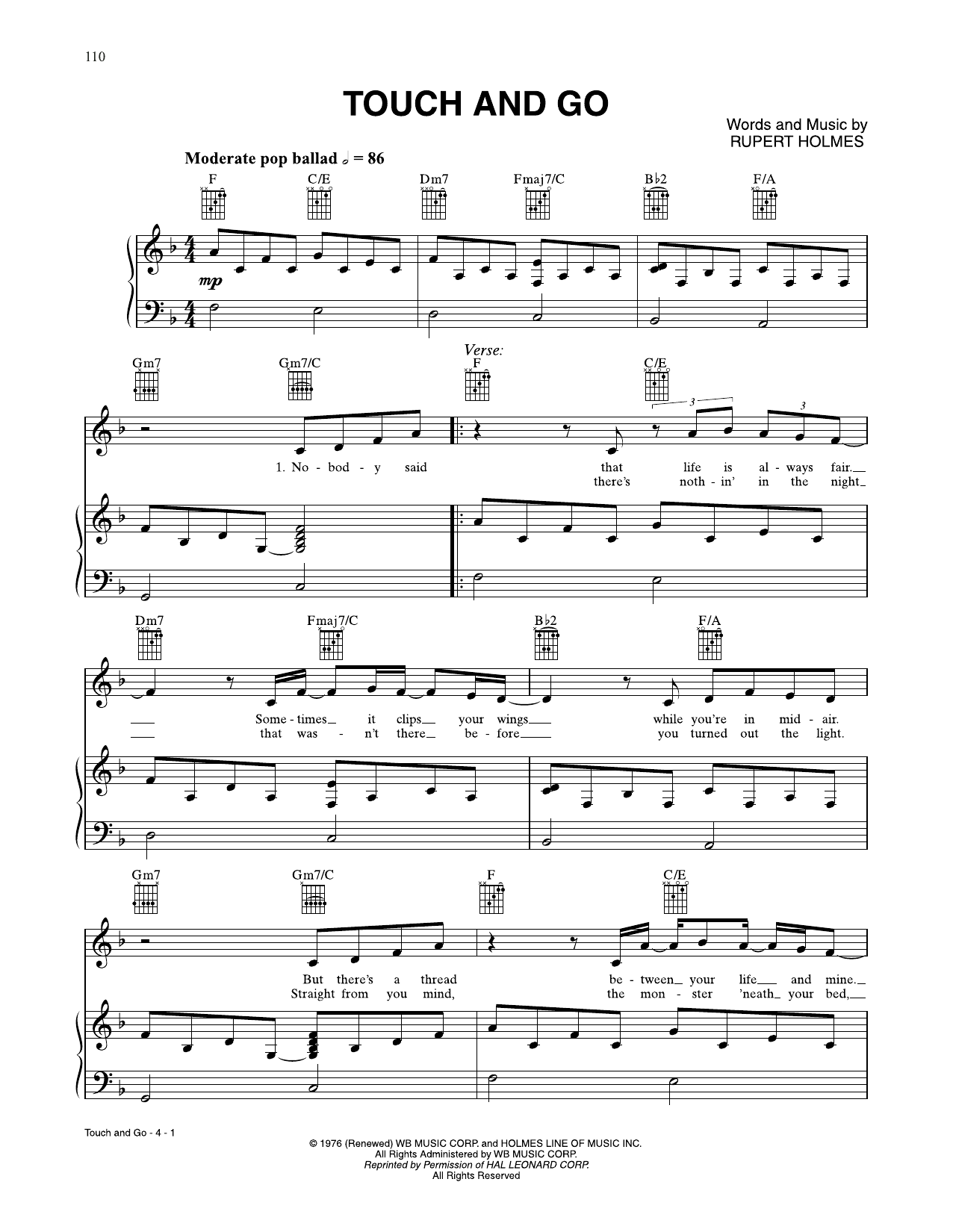 Touch And Go (Piano, Vocal & Guitar Chords (Right-Hand Melody)) von Rupert Holmes