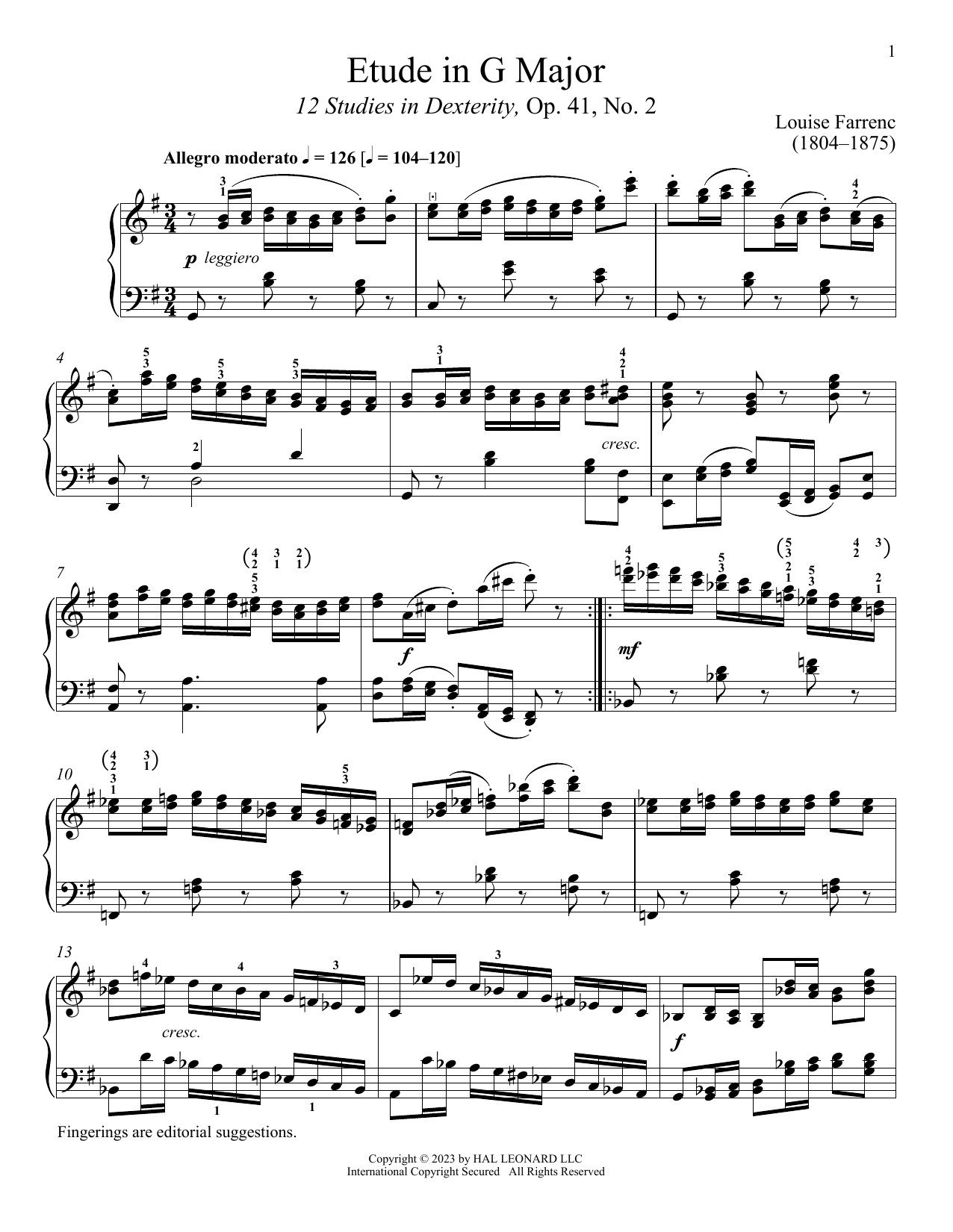 Etude in G Major (Piano Solo) von Louise Dumont Farrenc
