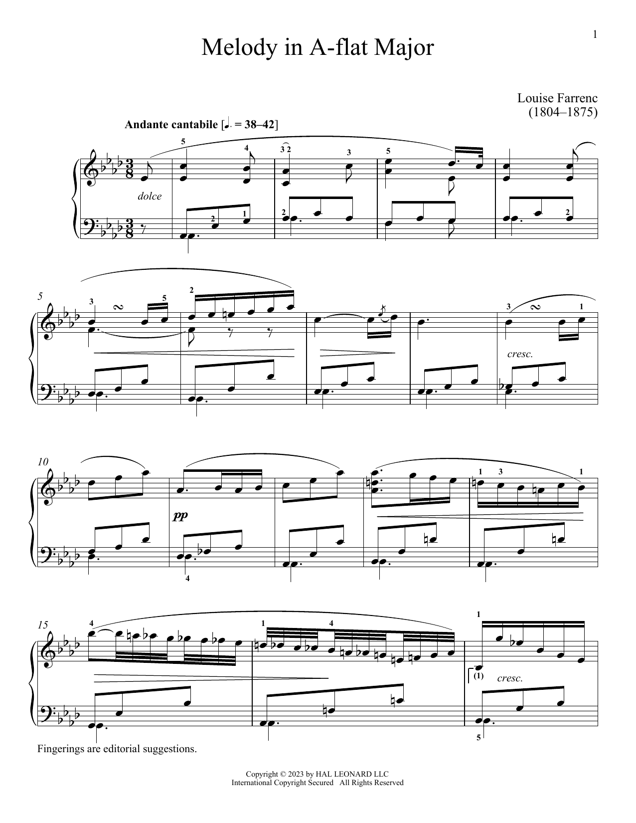 Melody in A-flat Major (Piano Solo) von Louise Dumont Farrenc