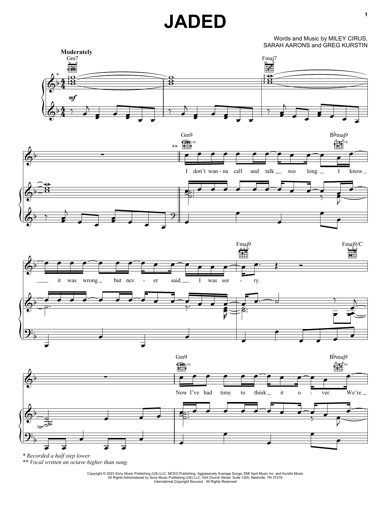Jaded (Piano, Vocal & Guitar Chords (Right-Hand Melody)) von Miley Cyrus
