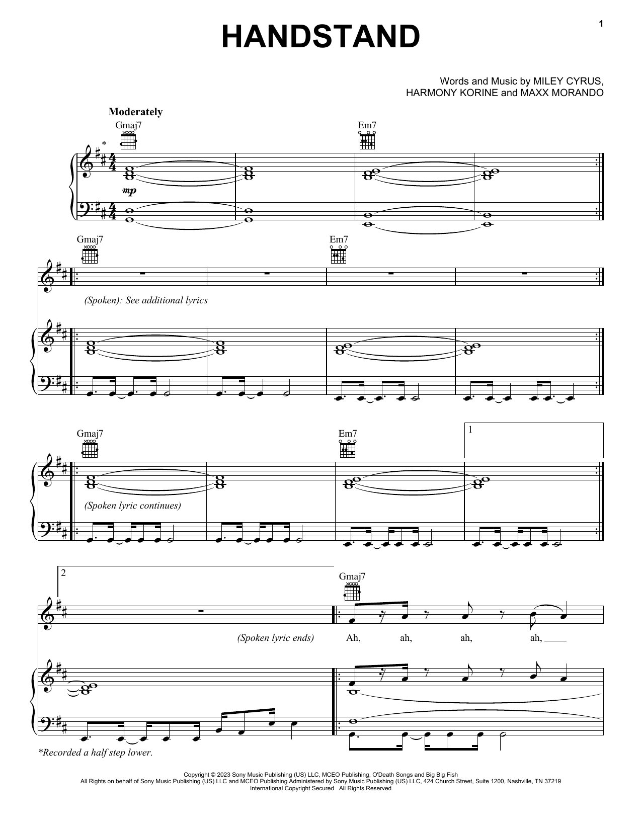 Handstand (Piano, Vocal & Guitar Chords (Right-Hand Melody)) von Miley Cyrus