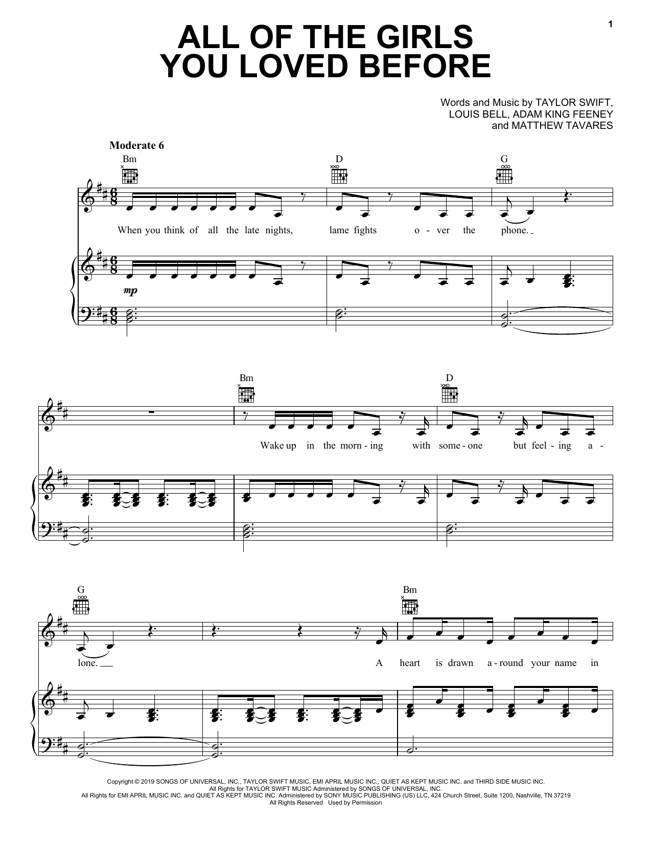 All Of The Girls You Loved Before (Piano, Vocal & Guitar Chords (Right-Hand Melody)) von Taylor Swift