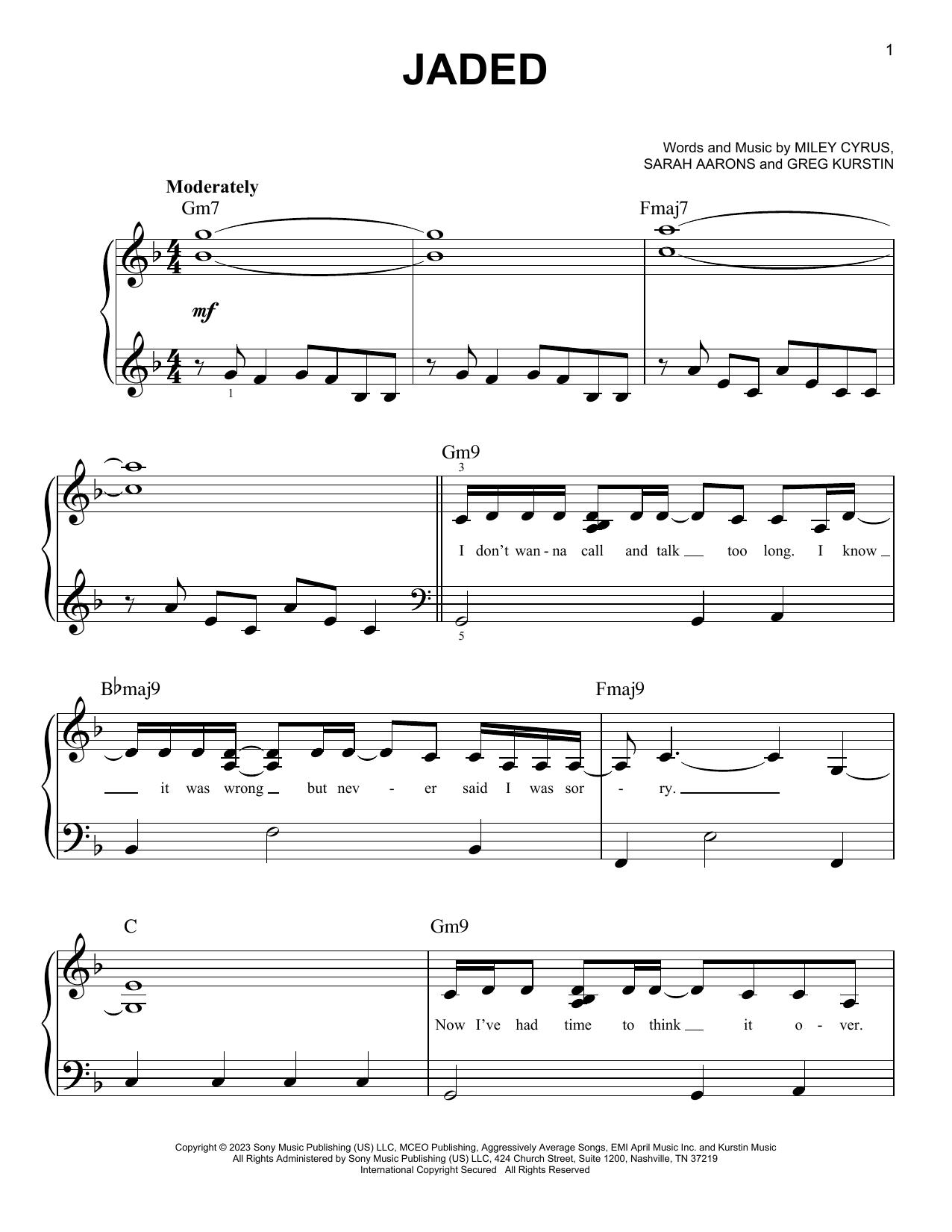 Jaded (Easy Piano) von Miley Cyrus