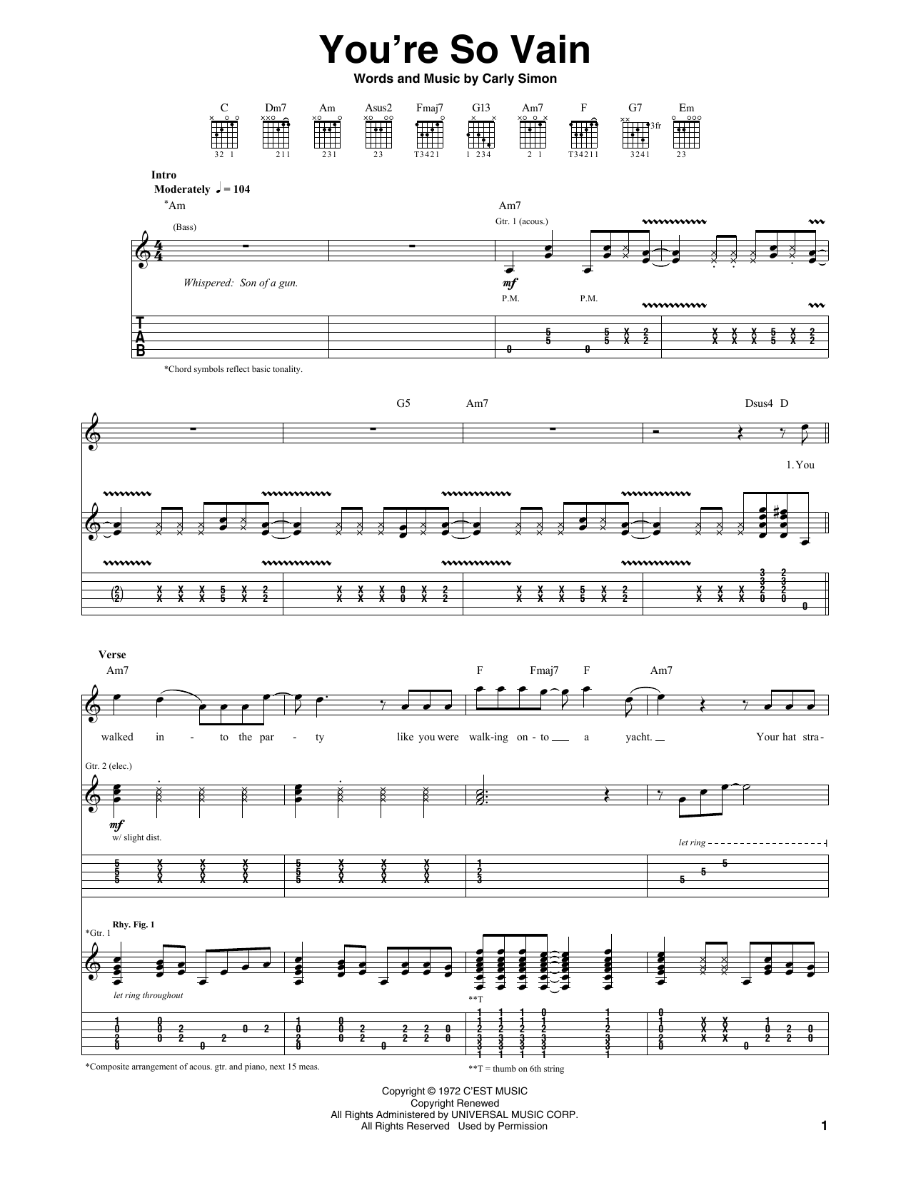 You're So Vain (Guitar Tab) von Carly Simon