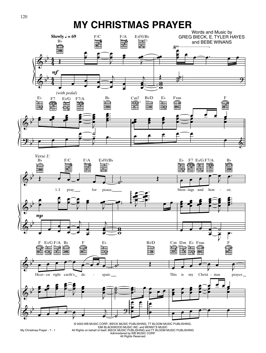 My Christmas Prayer (Piano, Vocal & Guitar Chords (Right-Hand Melody)) von BeBe Winans