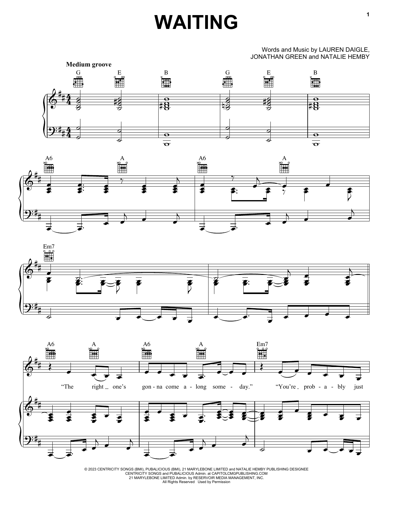 Waiting (Piano, Vocal & Guitar Chords (Right-Hand Melody)) von Lauren Daigle