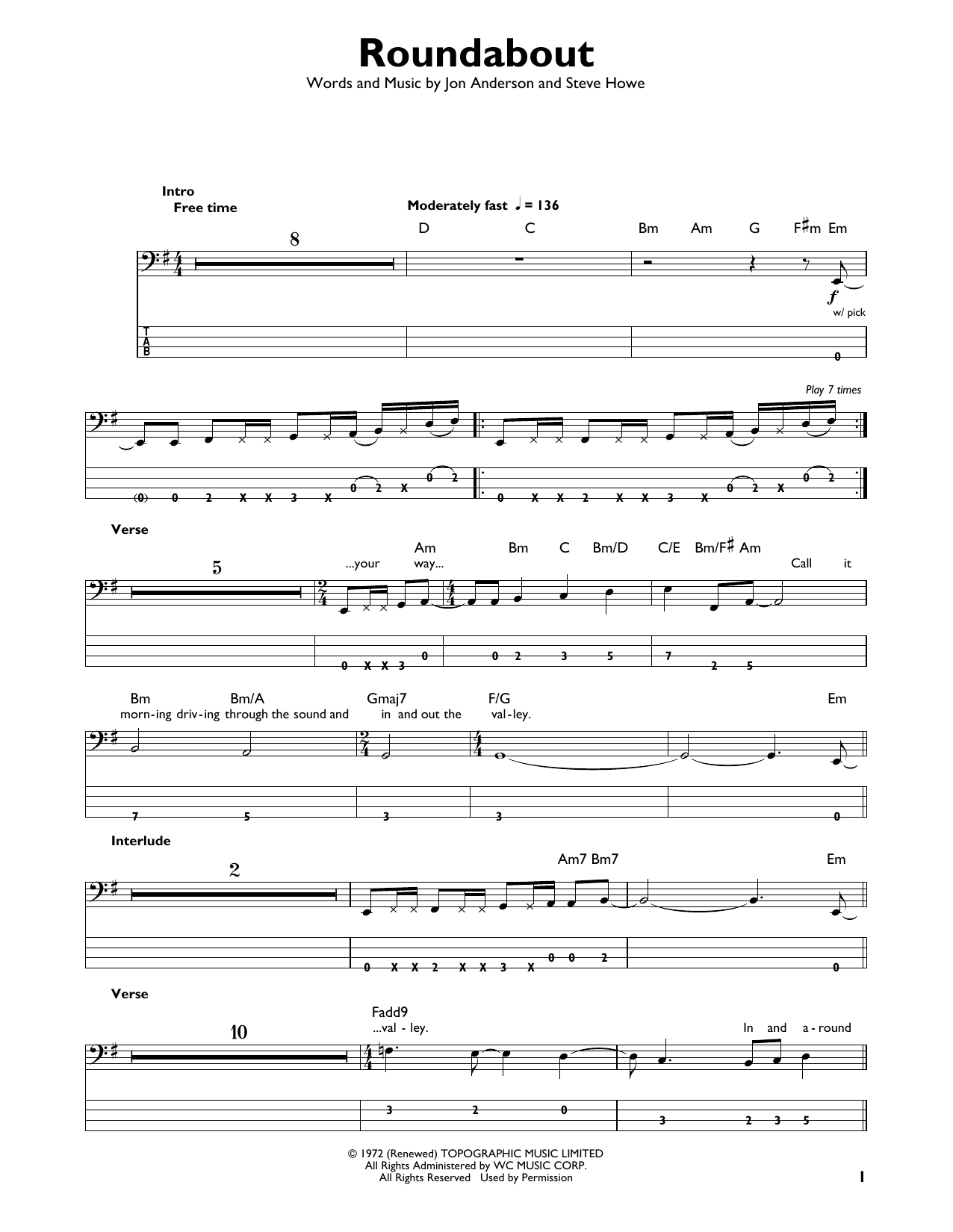 Roundabout (Easy Bass Tab) von Yes