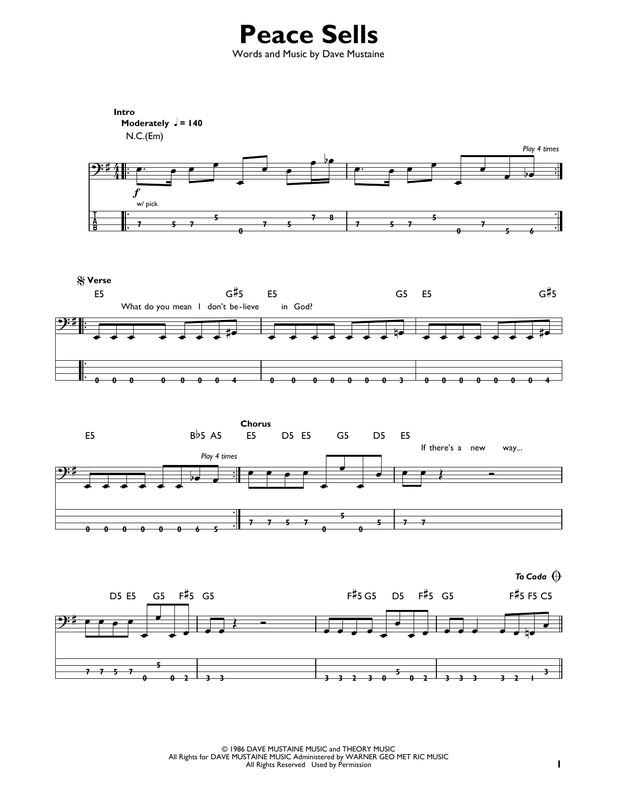 Peace Sells (Easy Bass Tab) von Megadeth