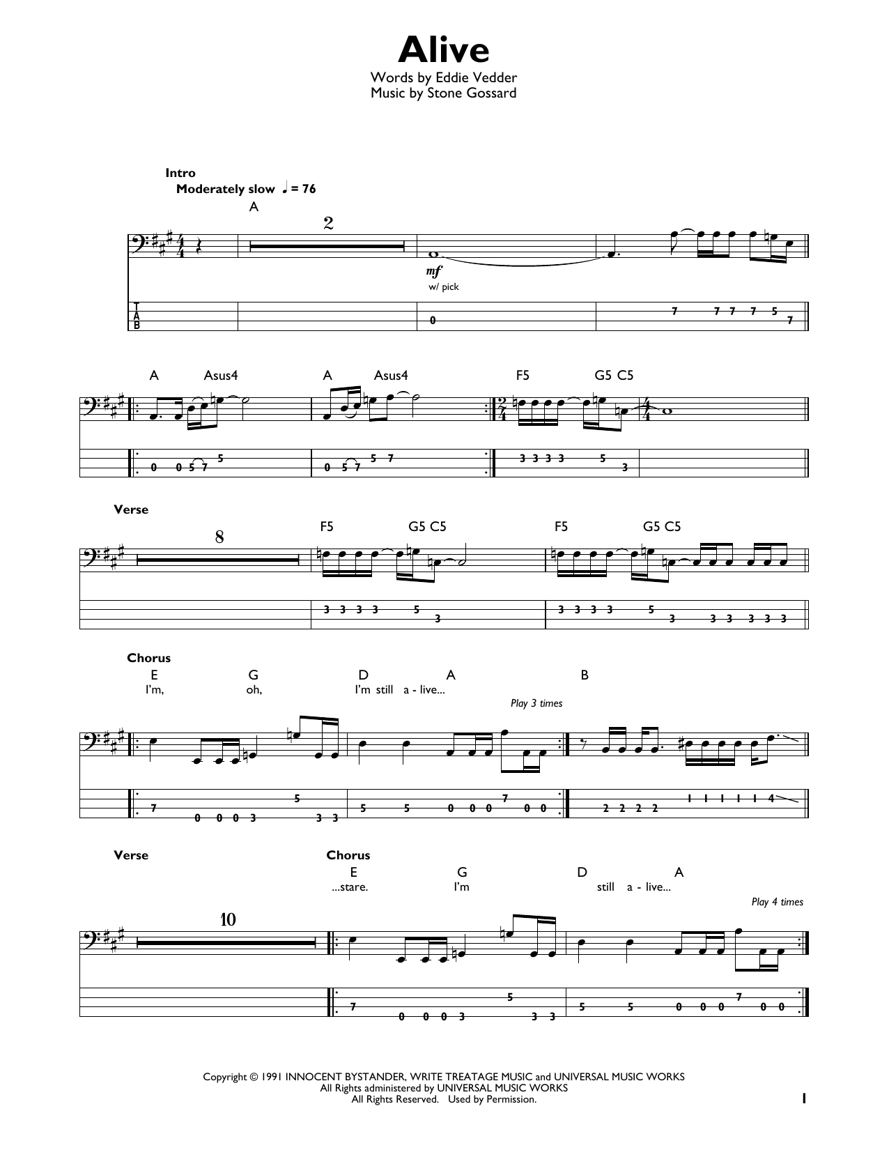 Alive (Easy Bass Tab) von Pearl Jam