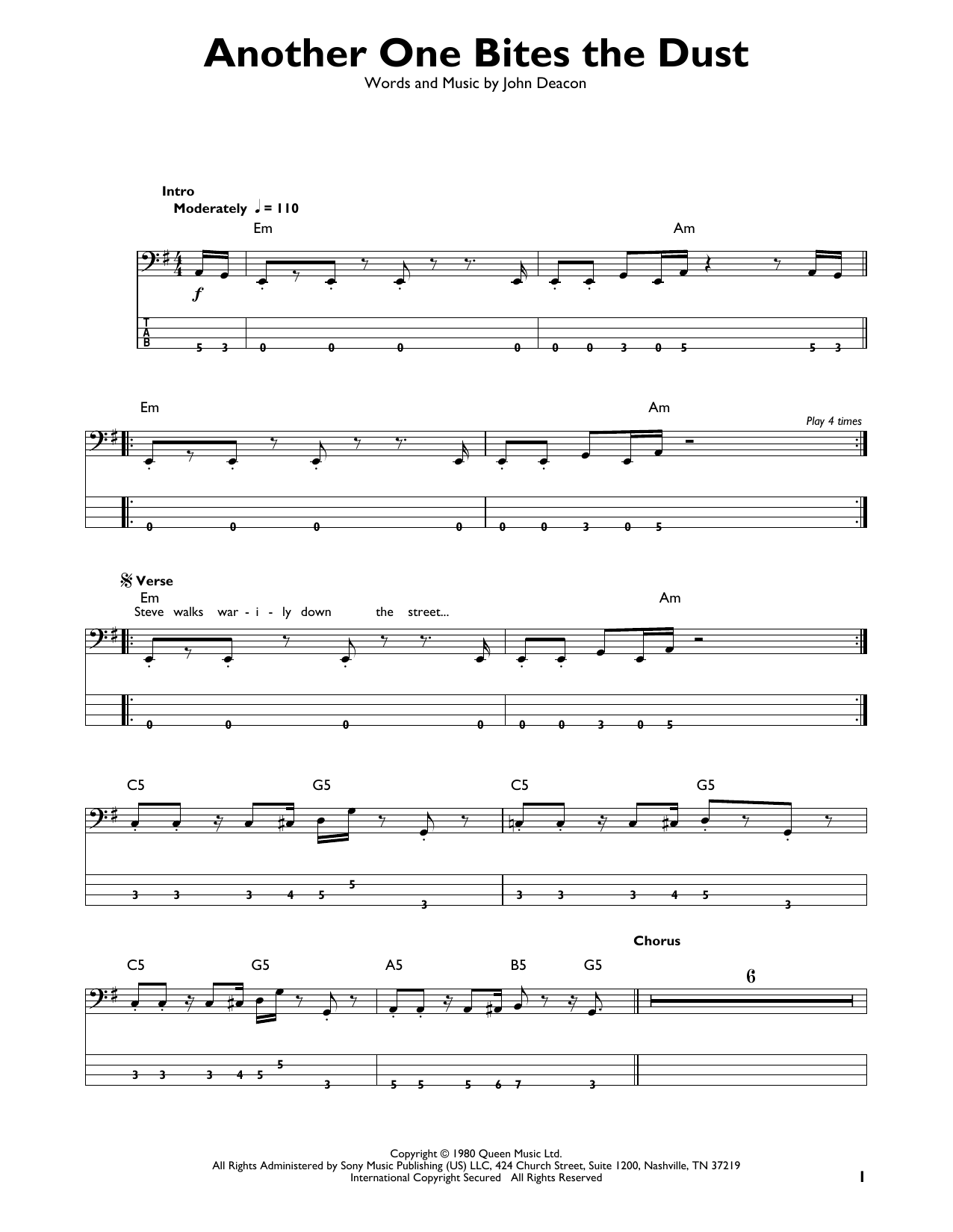 Another One Bites The Dust (Easy Bass Tab) von Queen
