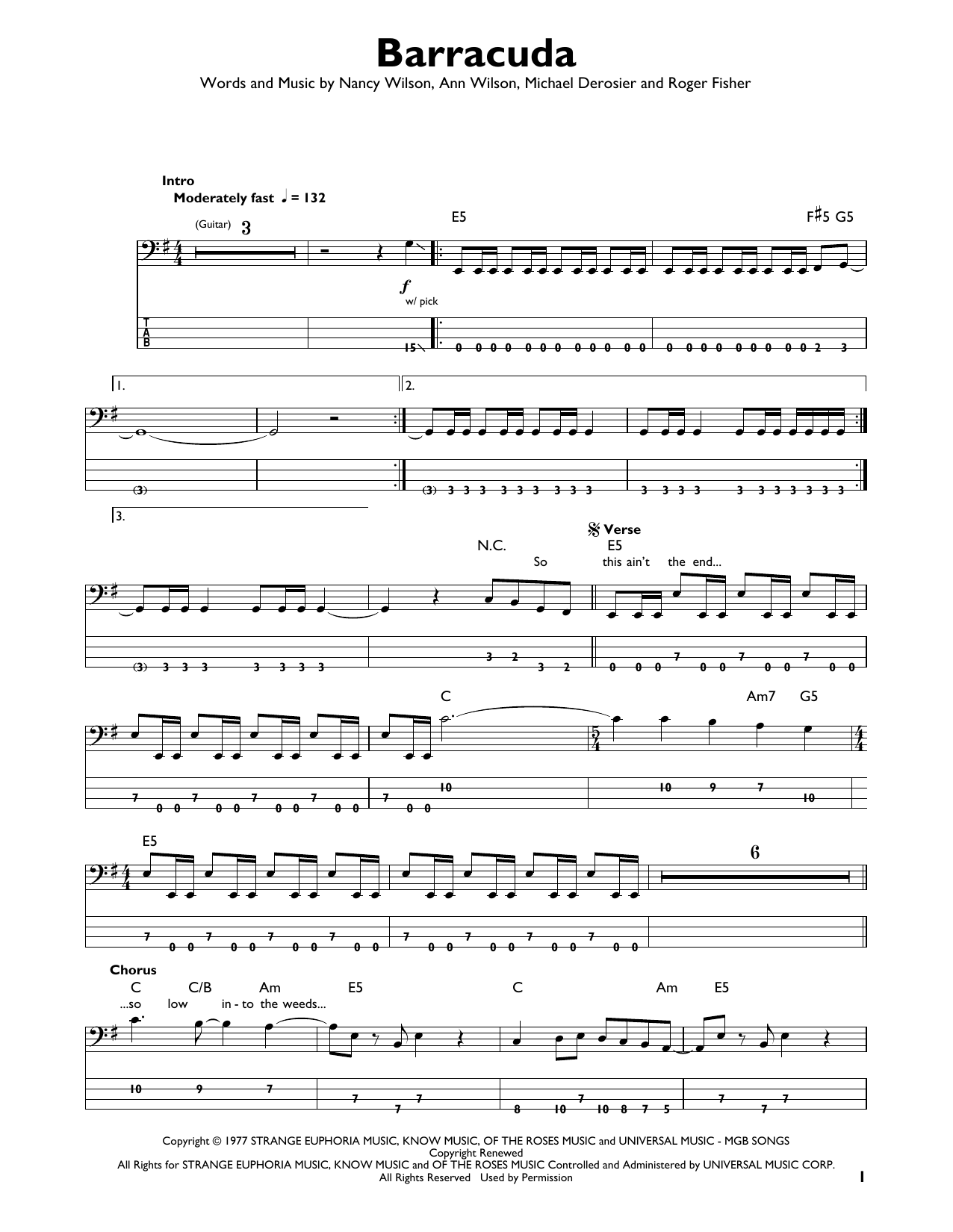 Barracuda (Easy Bass Tab) von Heart