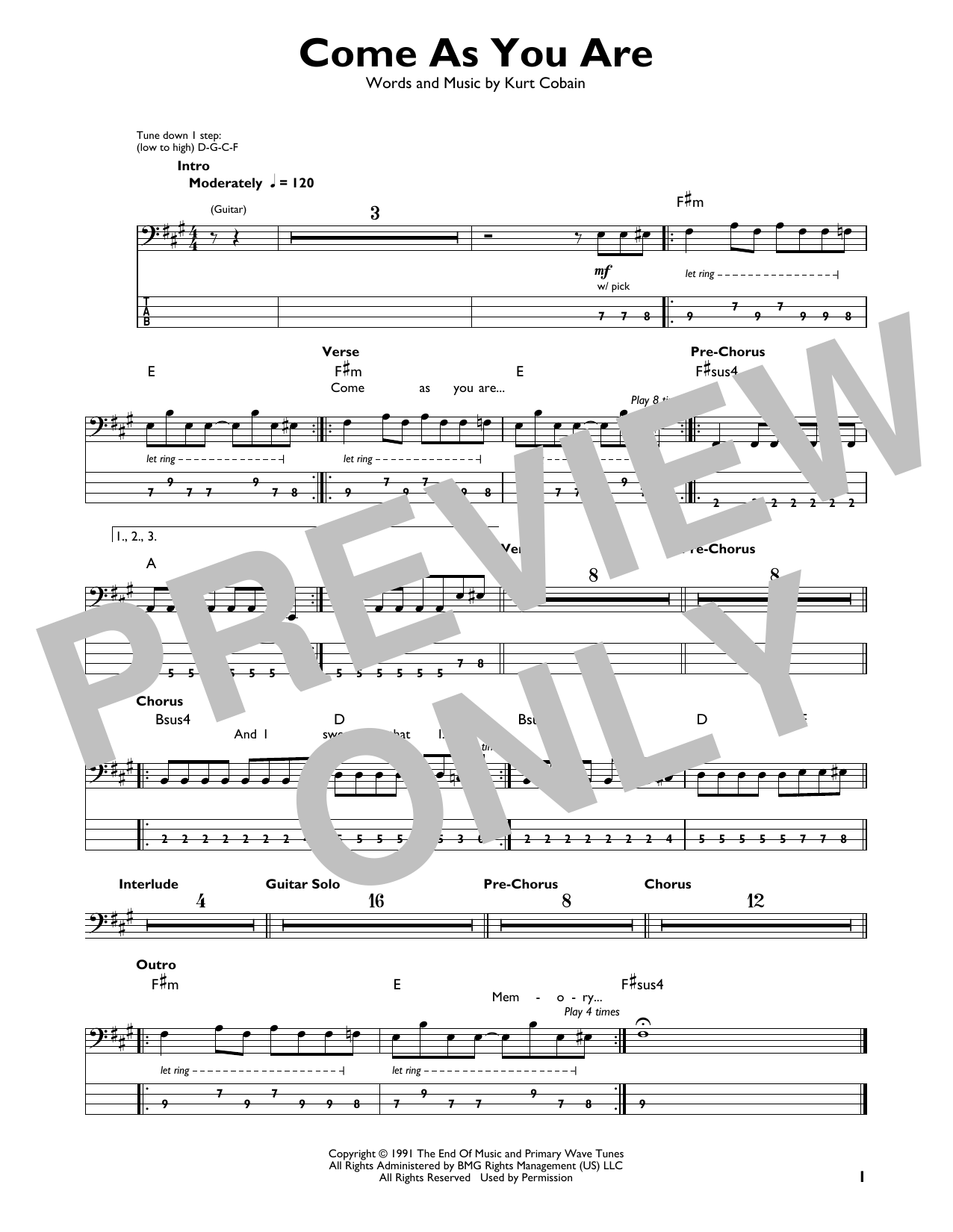 Come As You Are (Easy Bass Tab) von Nirvana