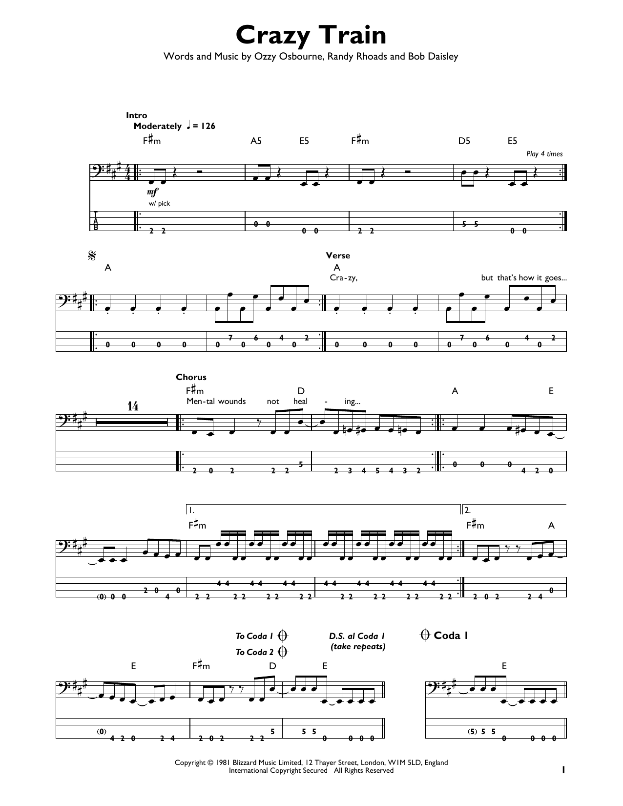 Crazy Train (Easy Bass Tab) von Ozzy Osbourne