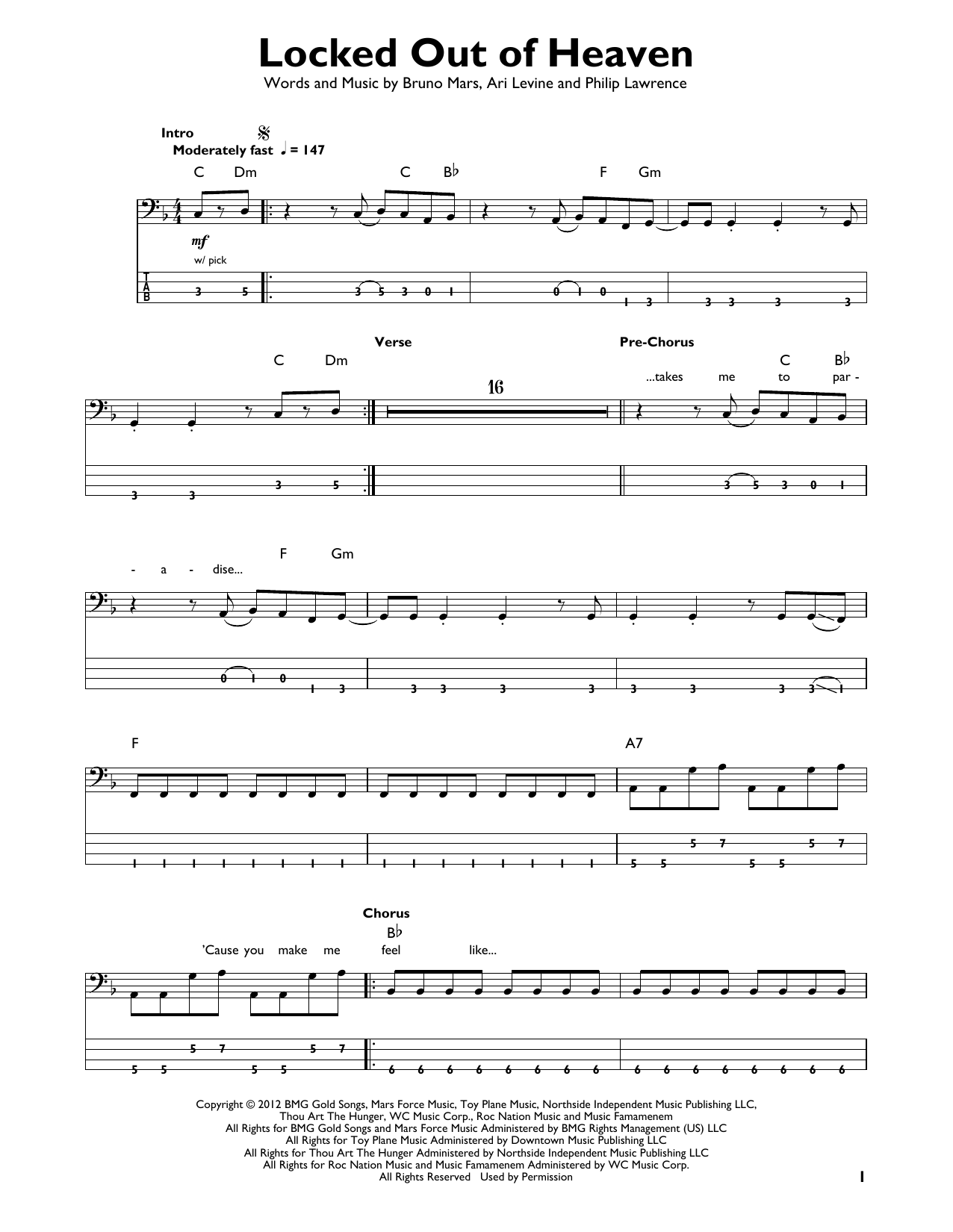 Locked Out Of Heaven (Easy Bass Tab) von Bruno Mars