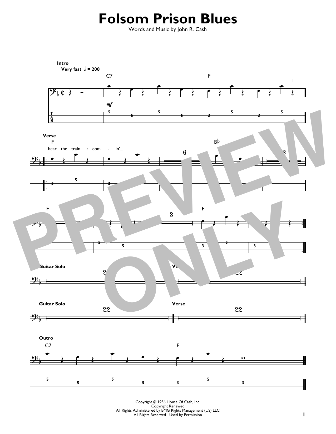 Folsom Prison Blues (Easy Bass Tab) von Johnny Cash