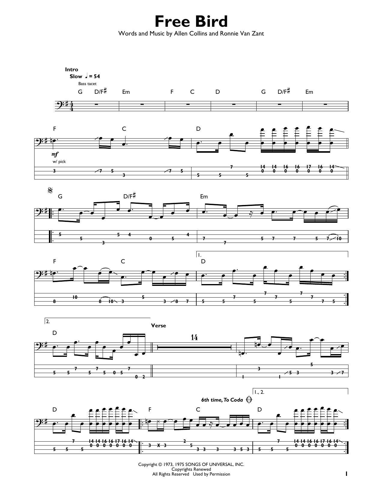 Free Bird (Easy Bass Tab) von Lynyrd Skynyrd