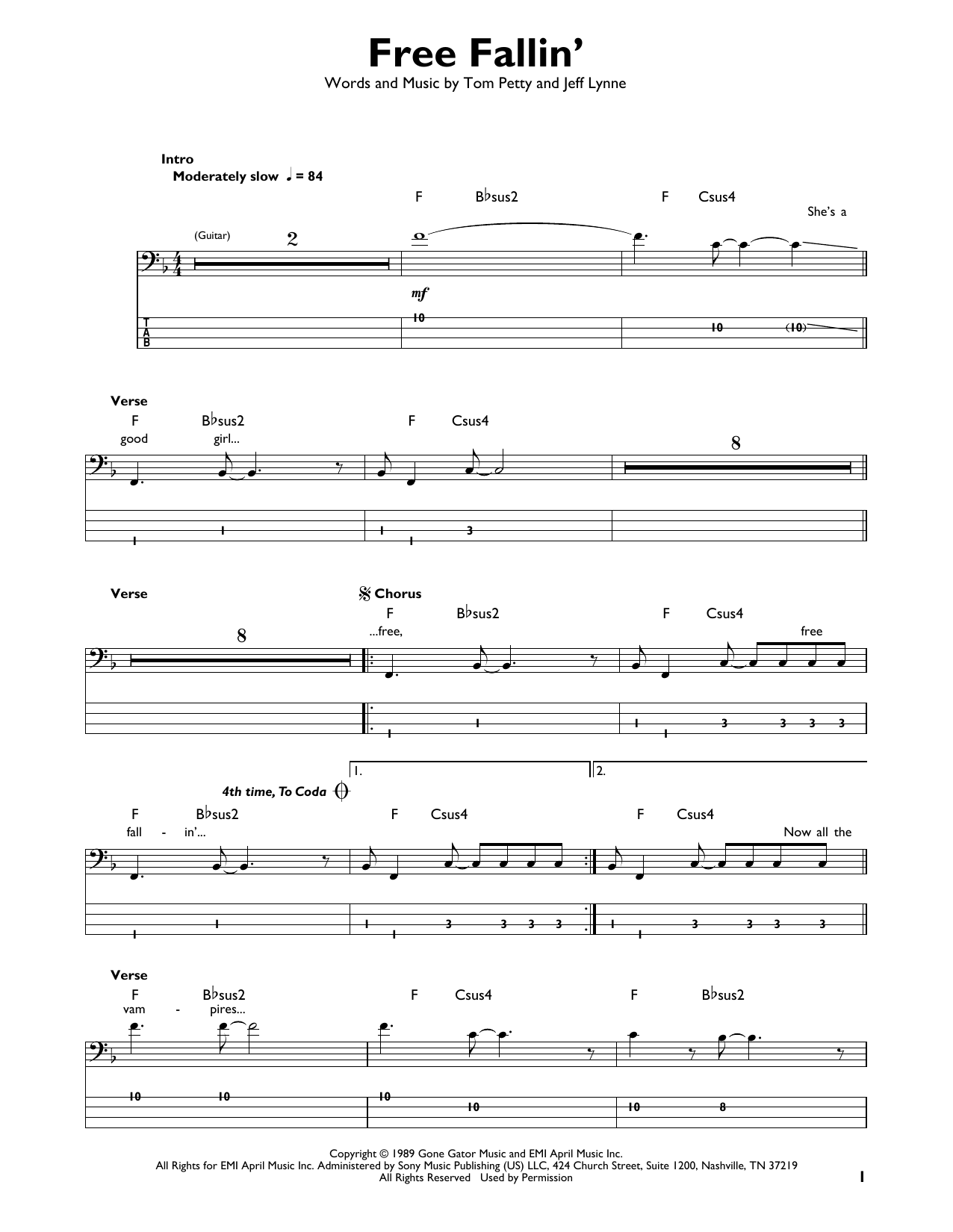 Free Fallin' (Easy Bass Tab) von Tom Petty