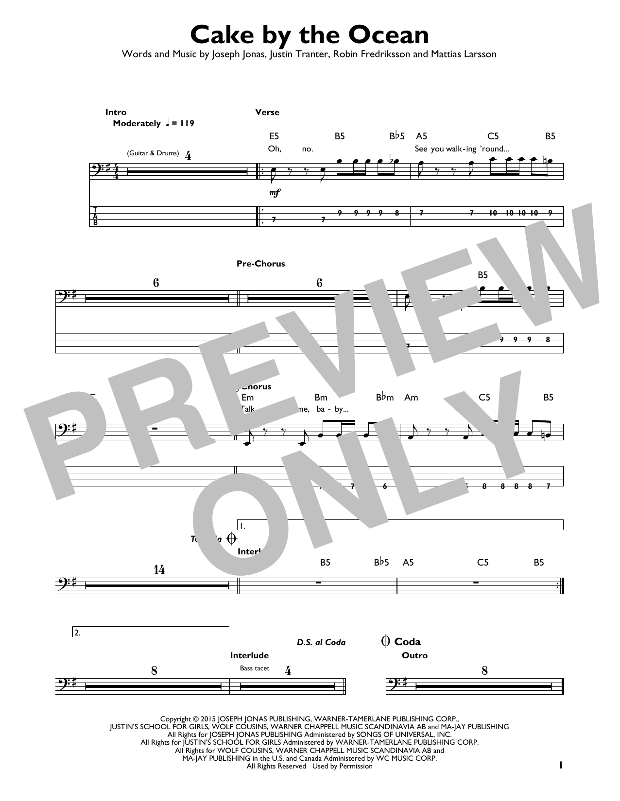 Cake By The Ocean (Easy Bass Tab) von DNCE