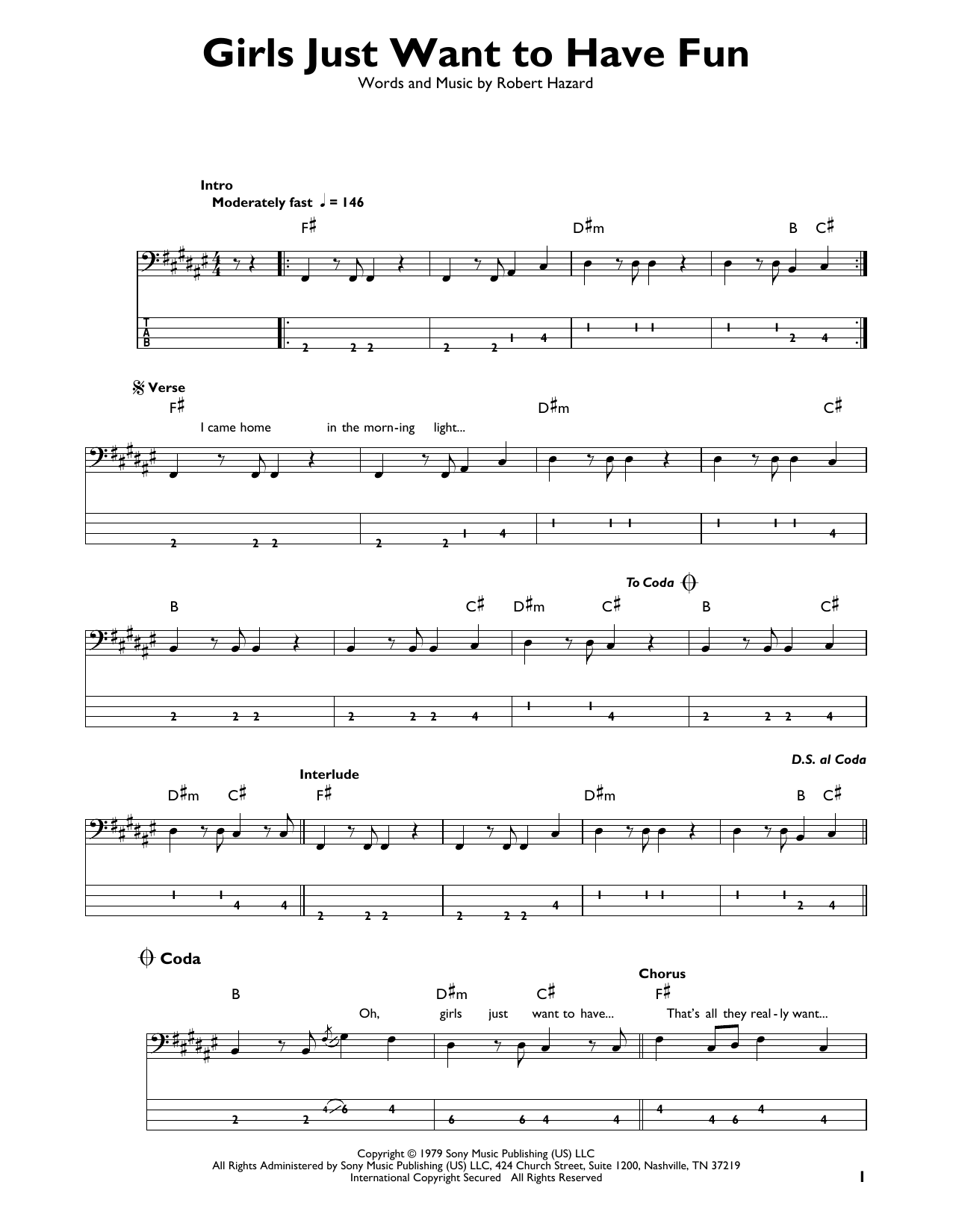 Girls Just Want To Have Fun (Easy Bass Tab) von Cyndi Lauper