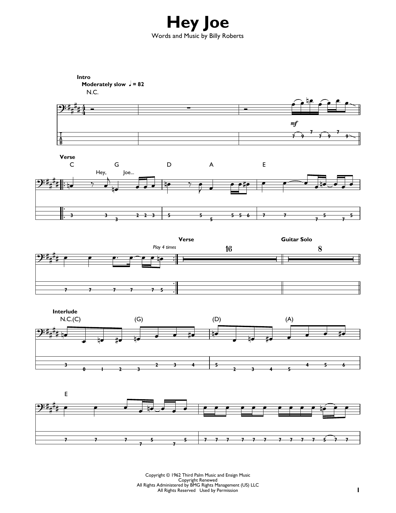 Hey Joe (Easy Bass Tab) von Jimi Hendrix