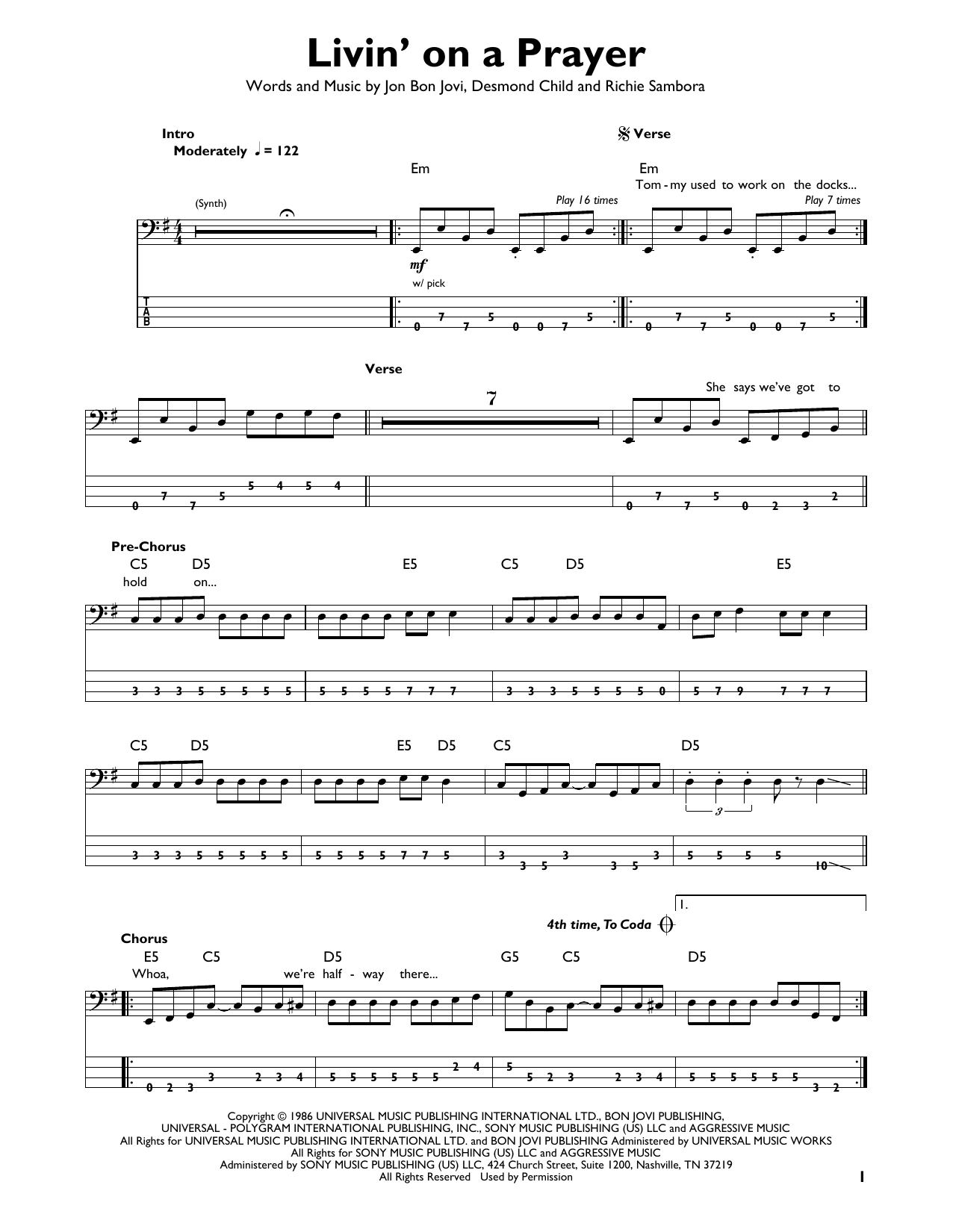 Livin' On A Prayer (Easy Bass Tab) von Bon Jovi