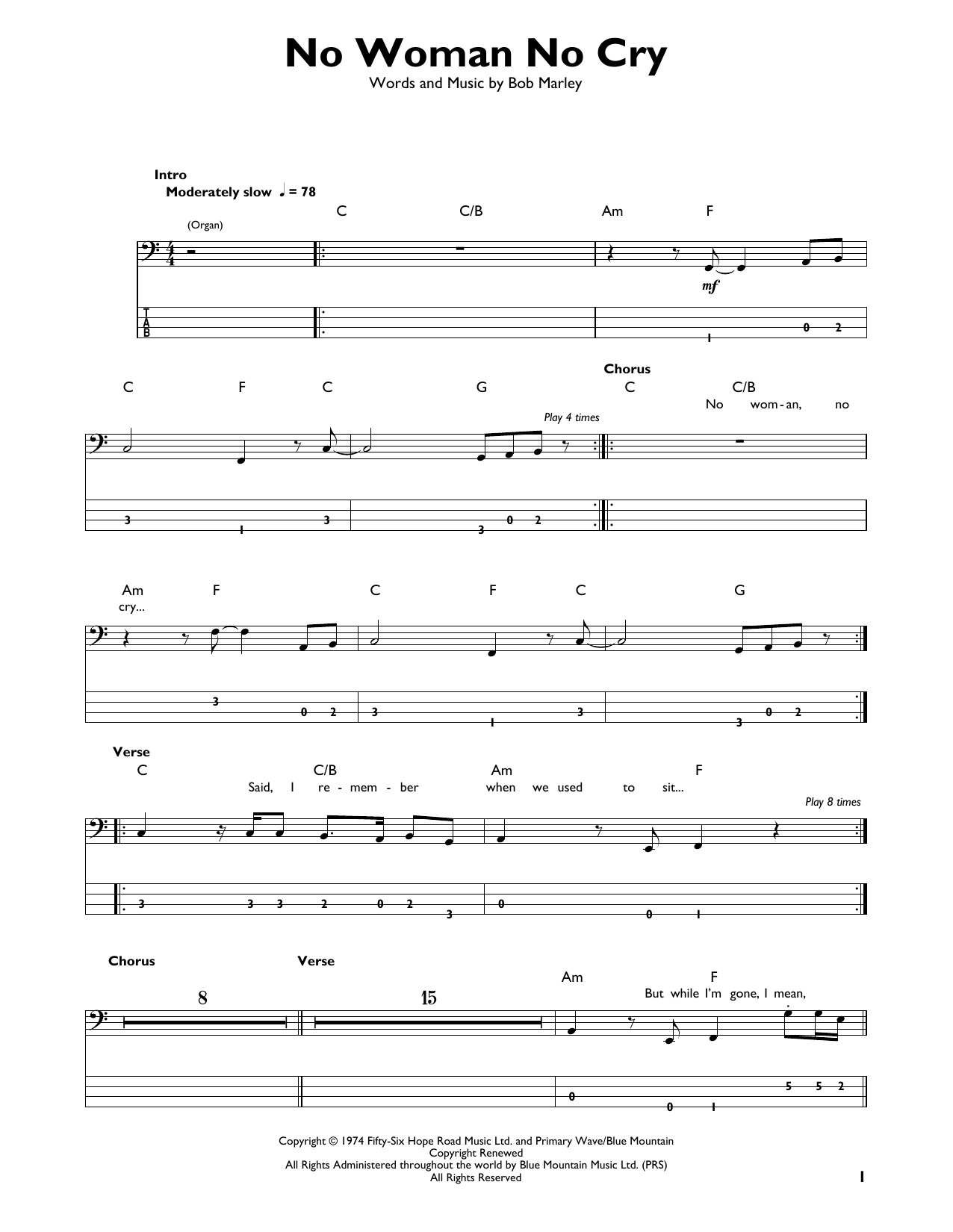 No Woman No Cry (Easy Bass Tab) von Bob Marley