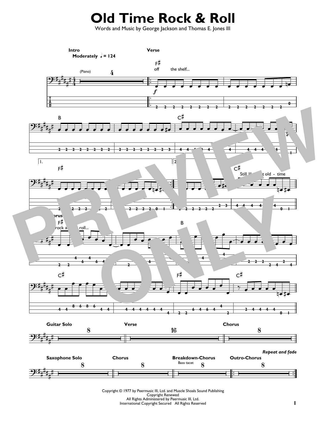 Old Time Rock & Roll (Easy Bass Tab) von Bob Seger