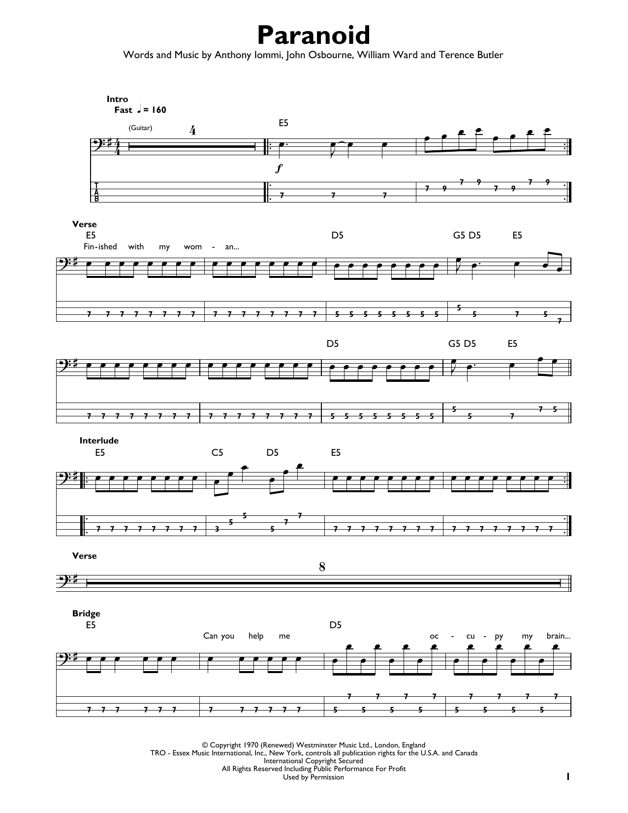 Paranoid (Easy Bass Tab) von Black Sabbath