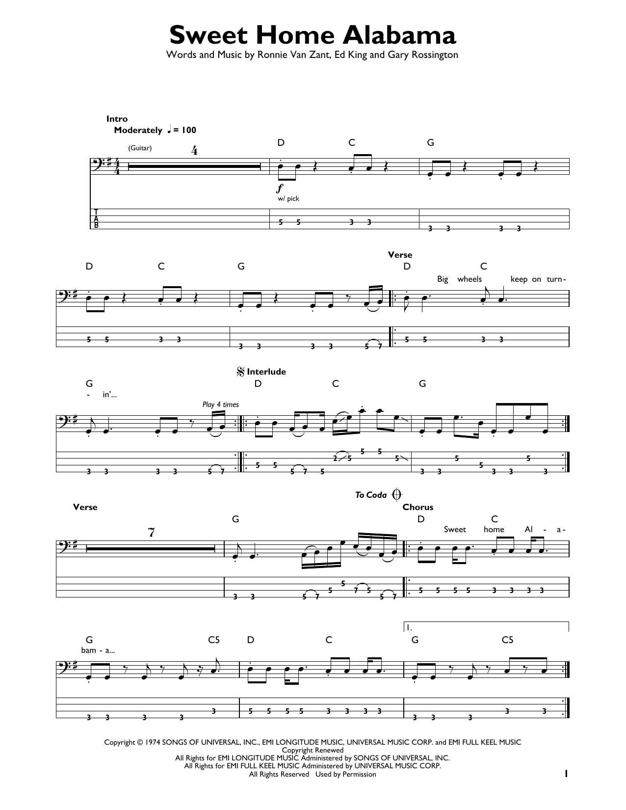 Sweet Home Alabama (Easy Bass Tab) von Lynyrd Skynyrd