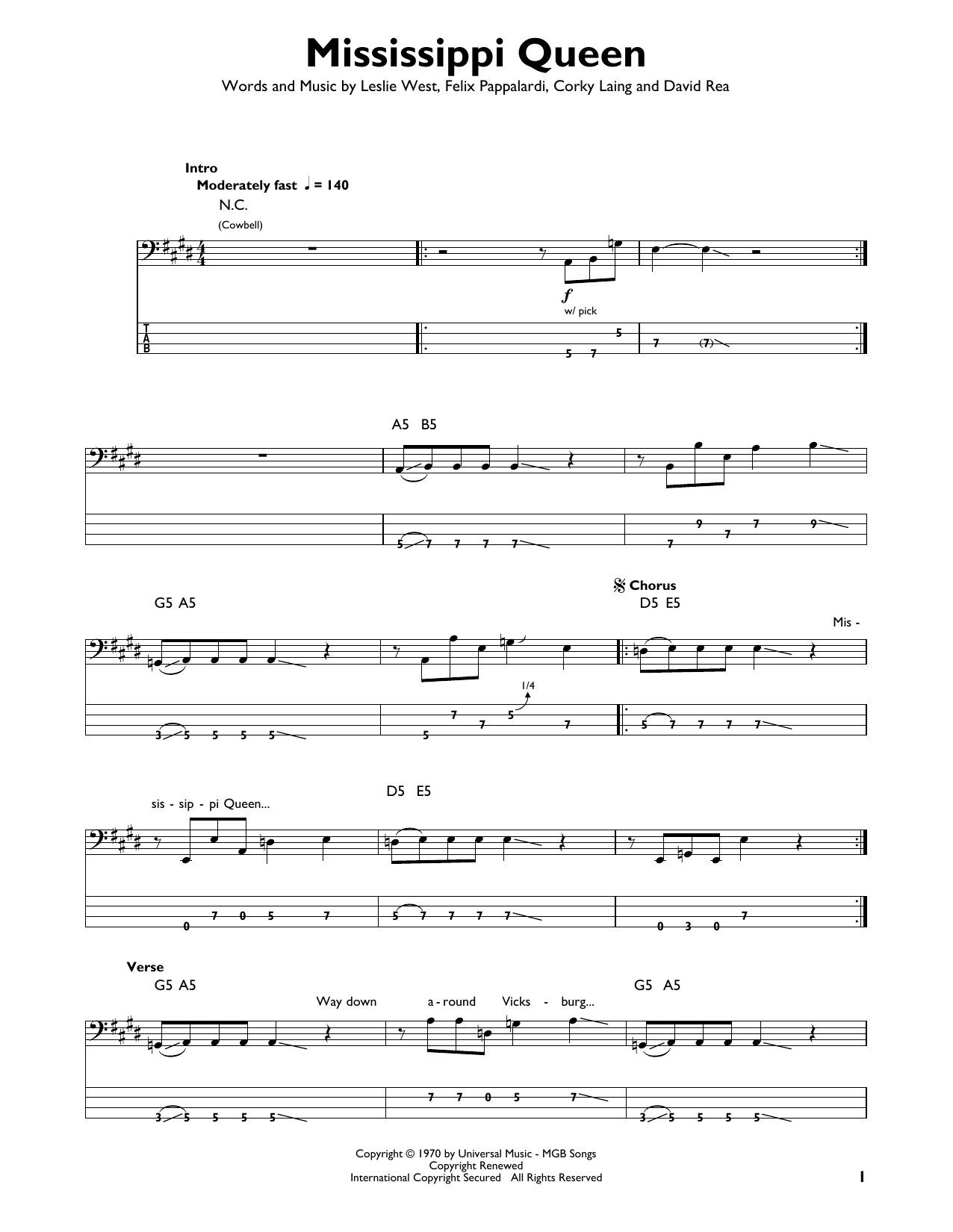 Mississippi Queen (Easy Bass Tab) von Mountain