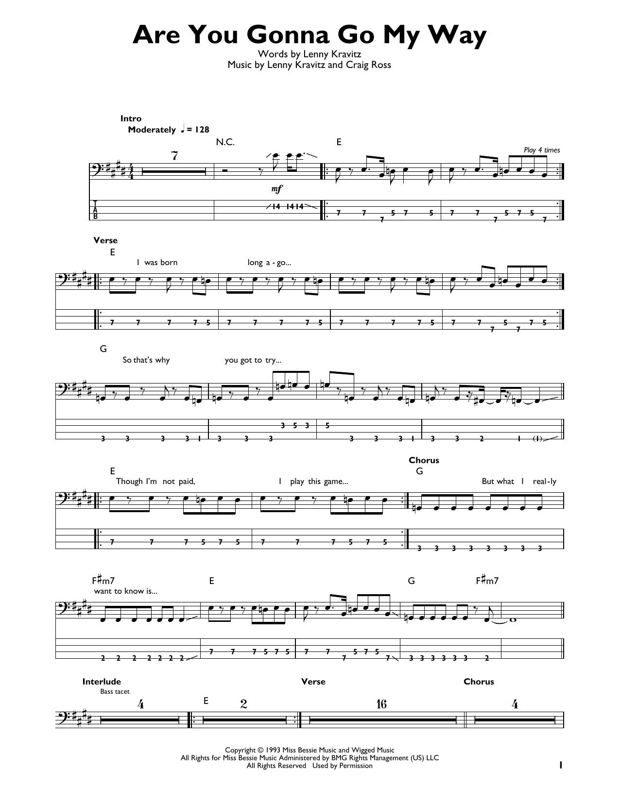 Are You Gonna Go My Way (Easy Bass Tab) von Lenny Kravitz