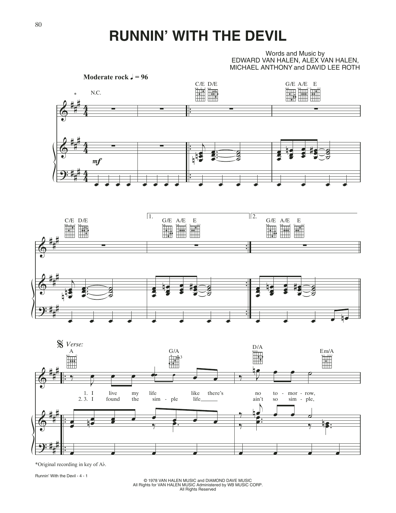 Runnin' With The Devil (Piano, Vocal & Guitar Chords (Right-Hand Melody)) von Van Halen