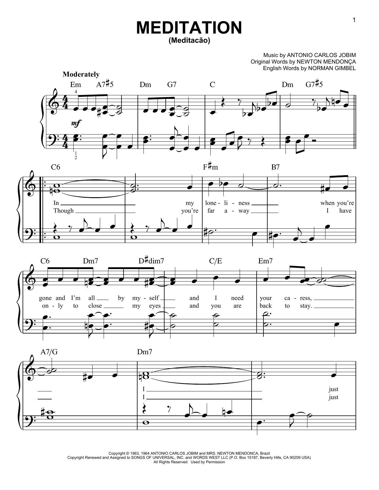 Meditation (Meditacao) (Easy Piano) von Antonio Carlos Jobim