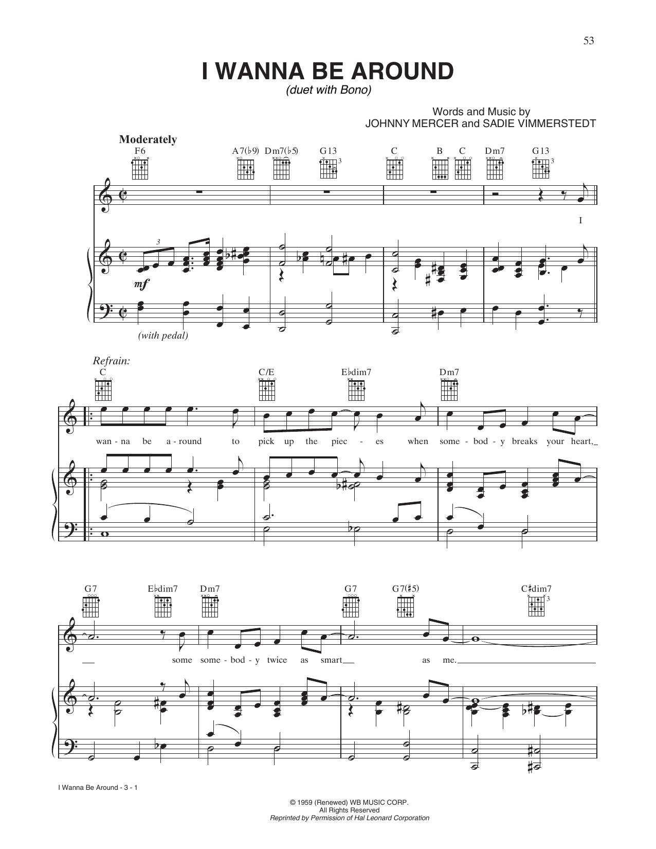 I Wanna Be Around (Piano, Vocal & Guitar Chords (Right-Hand Melody)) von Tony Bennett and Bono