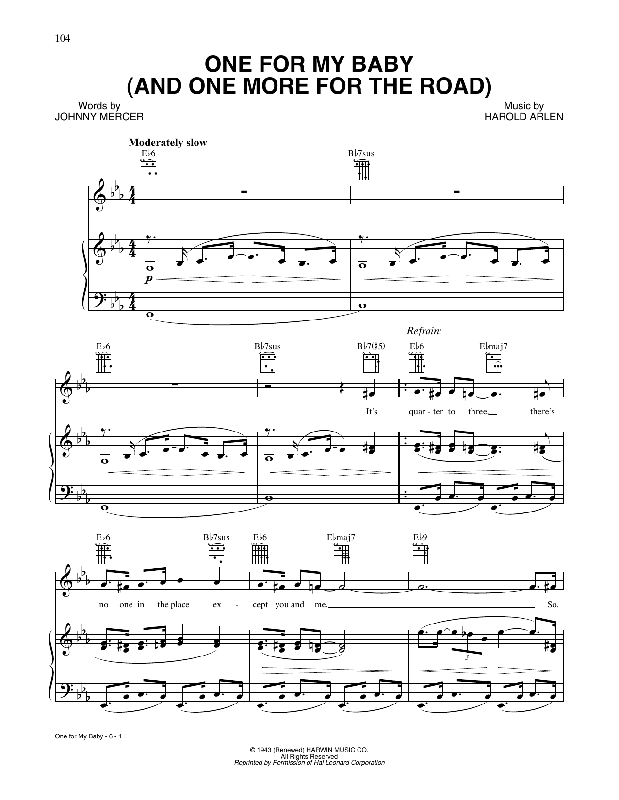 One For My Baby (And One More For The Road) (Piano, Vocal & Guitar Chords (Right-Hand Melody)) von Tony Bennett