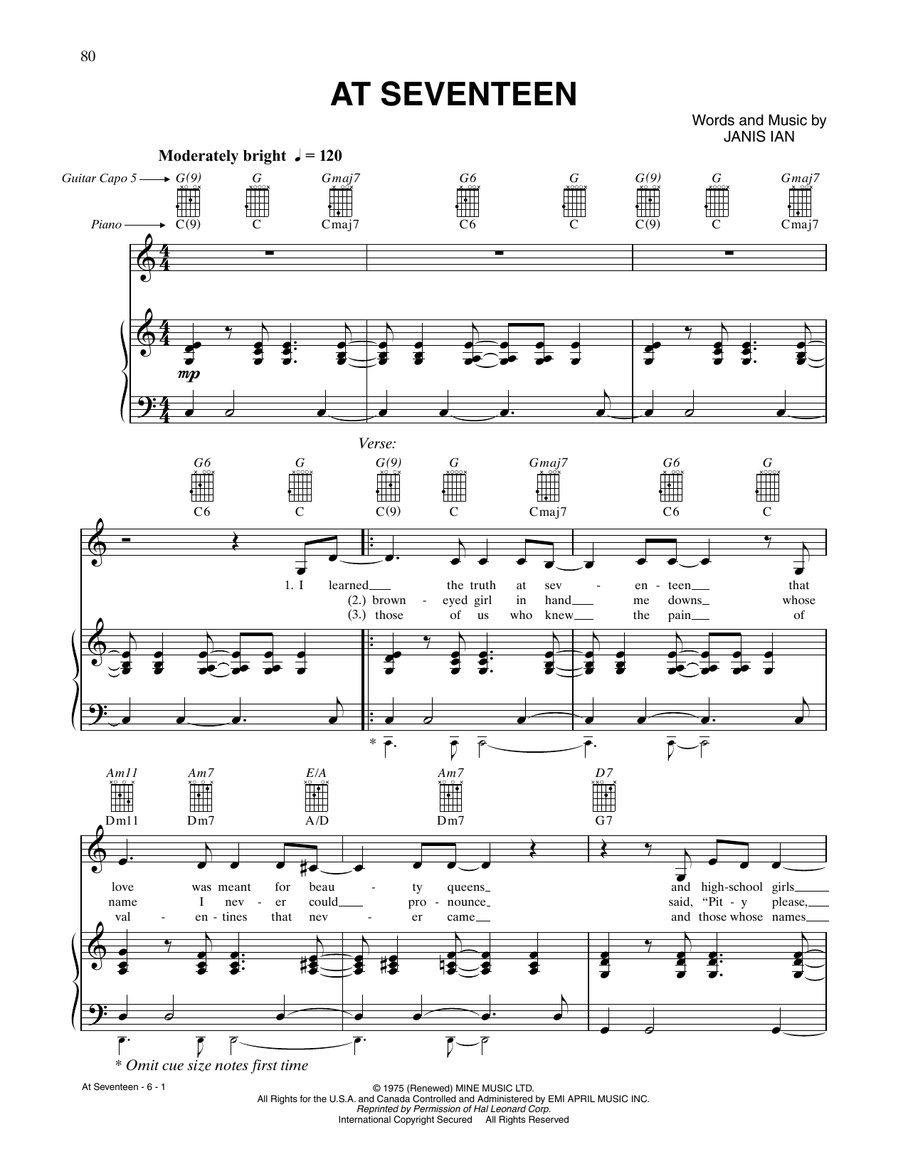 At Seventeen (Piano, Vocal & Guitar Chords (Right-Hand Melody)) von CLINE DION