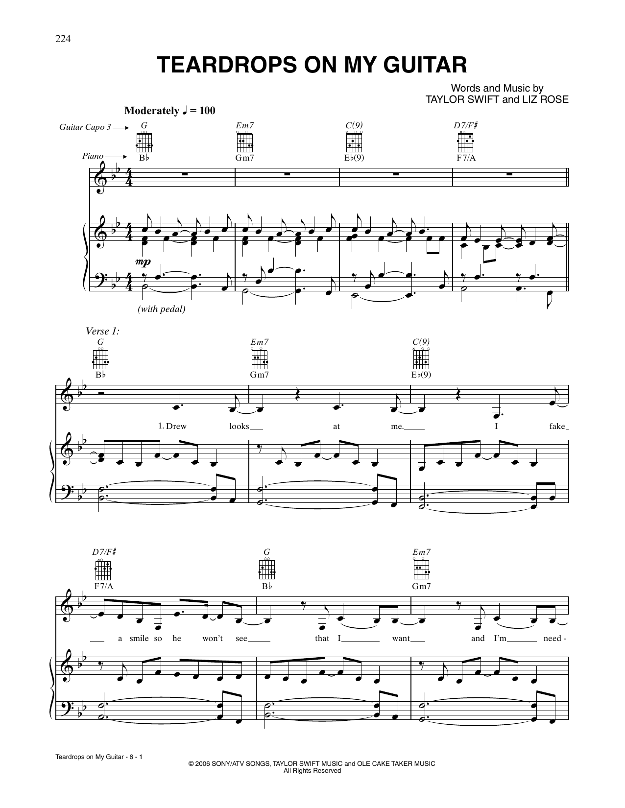 Teardrops On My Guitar (Piano, Vocal & Guitar Chords (Right-Hand Melody)) von Taylor Swift