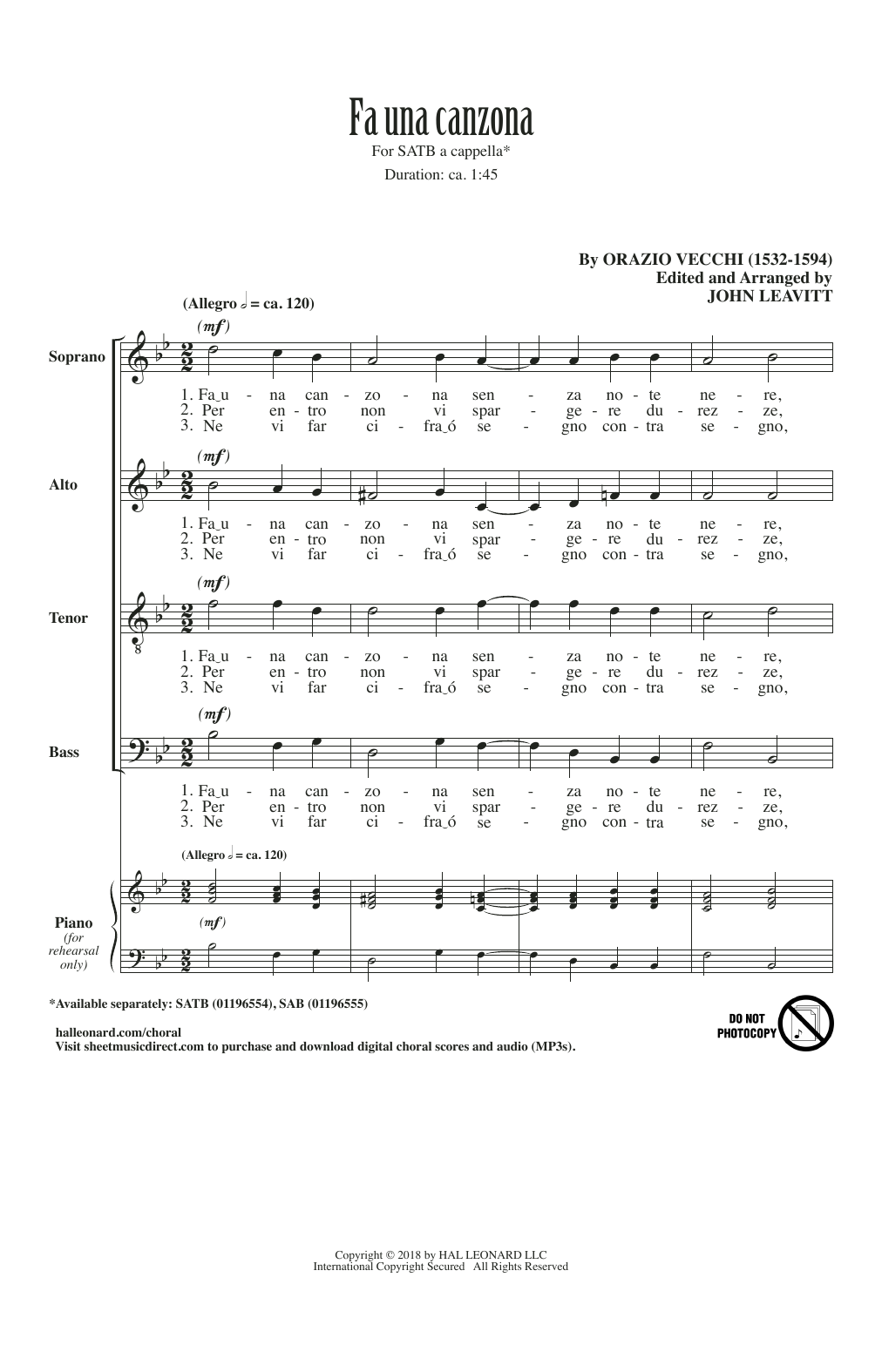 Fa Una Canzona (arr. John Leavitt) (SATB Choir) von Orazio Vecchi