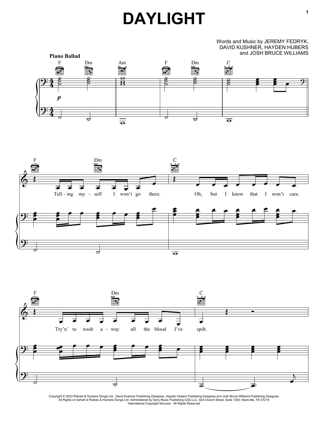 Daylight (Piano, Vocal & Guitar Chords (Right-Hand Melody)) von David Kushner