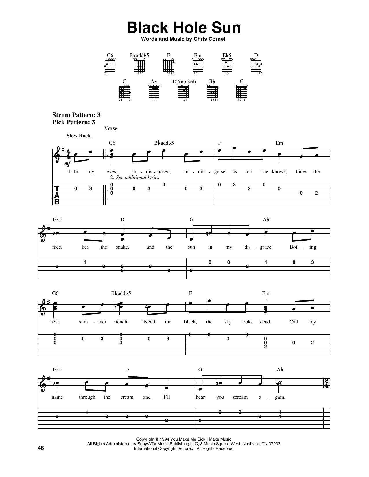 Black Hole Sun (Easy Guitar Tab) von Soundgarden