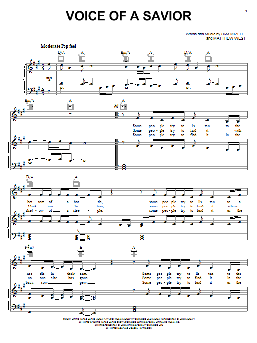 Voice Of A Savior (Piano, Vocal & Guitar Chords (Right-Hand Melody)) von Mandisa