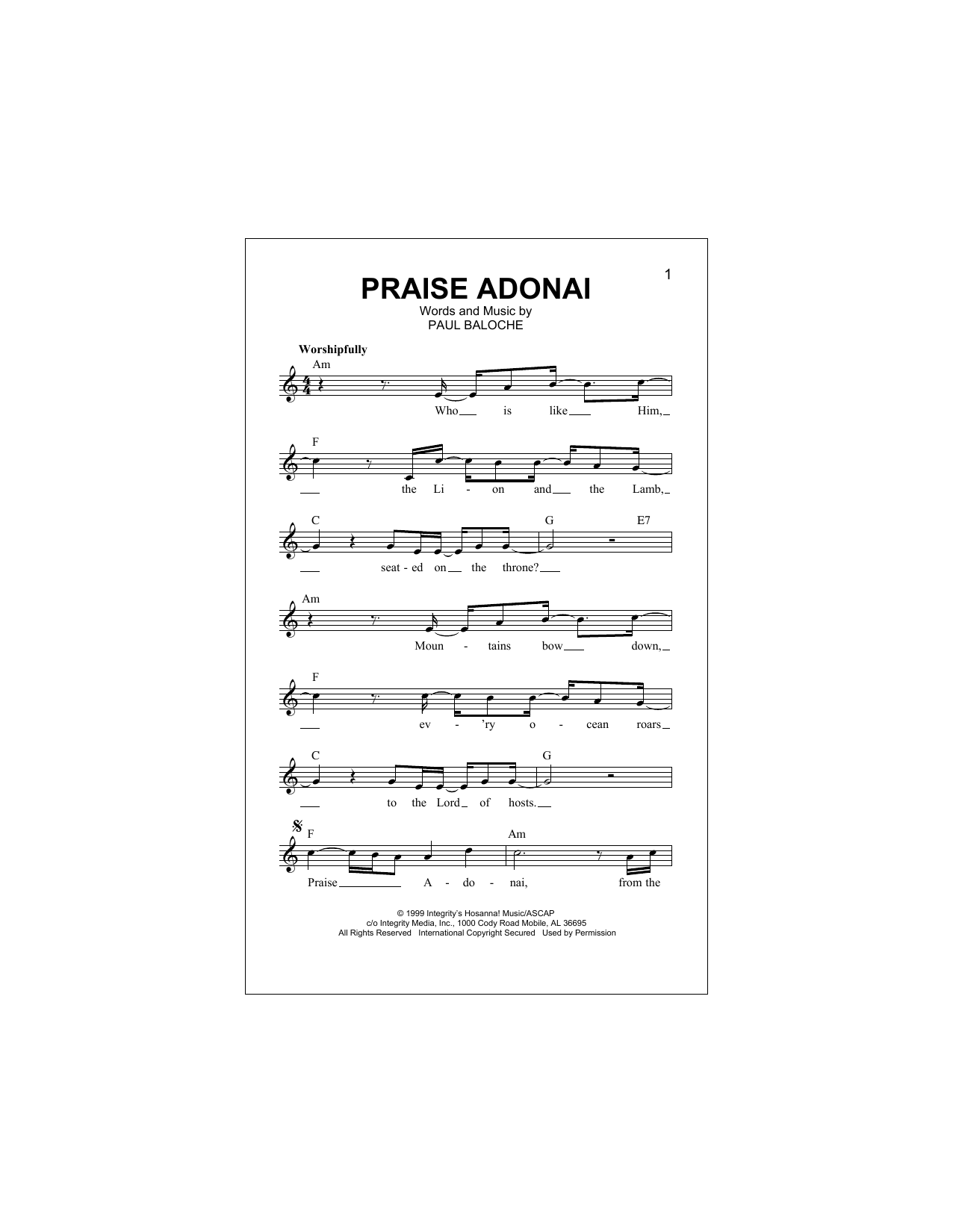 Praise Adonai (Lead Sheet / Fake Book) von Paul Baloche