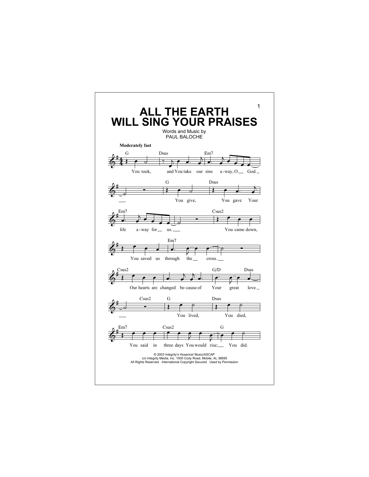 All The Earth Will Sing Your Praises (Lead Sheet / Fake Book) von Paul Baloche