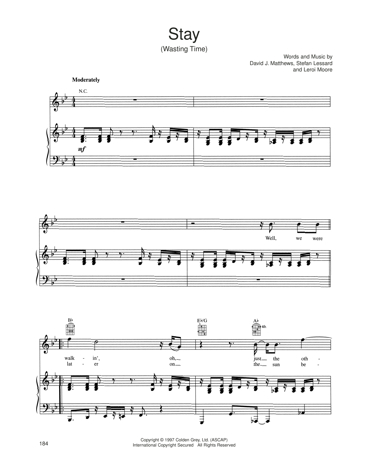 Stay (Wasting Time) (Piano, Vocal & Guitar Chords (Right-Hand Melody)) von Dave Matthews Band