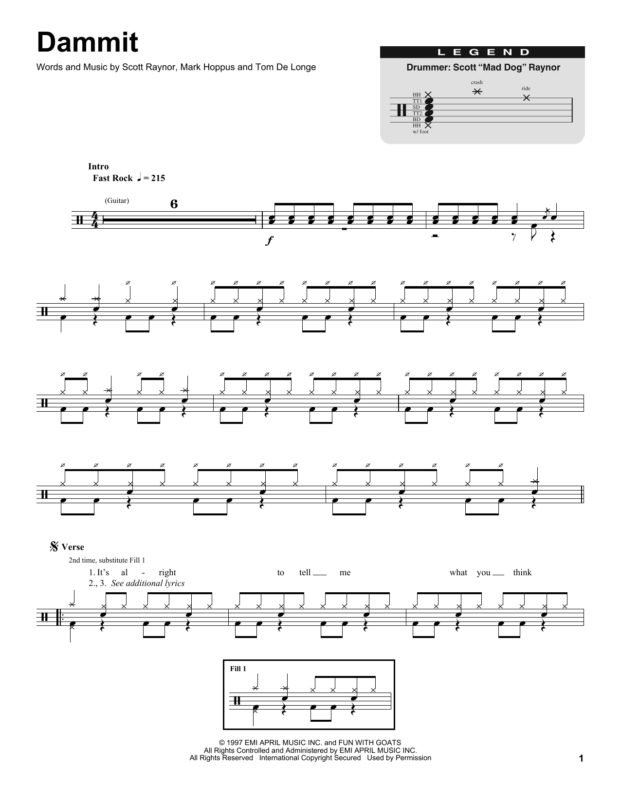 Dammit (Drums Transcription) von Blink 182