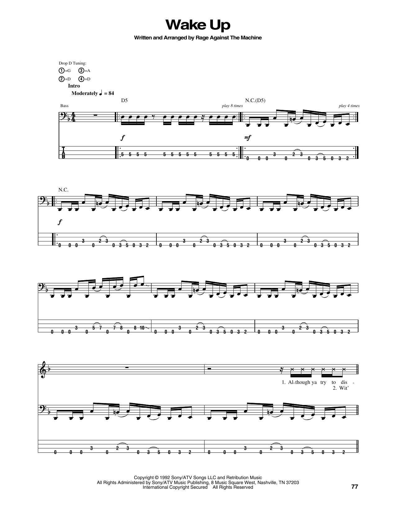 Wake Up (Bass Guitar Tab) von Rage Against The Machine