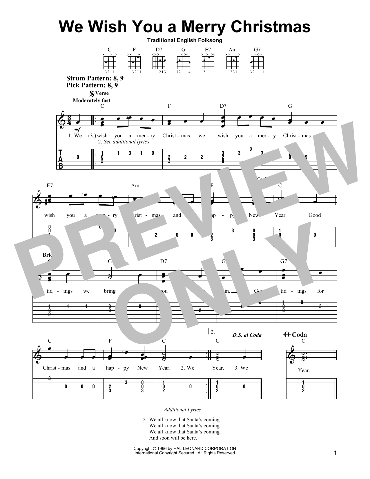 We Wish You A Merry Christmas (Easy Guitar Tab) von Traditional English Folksong